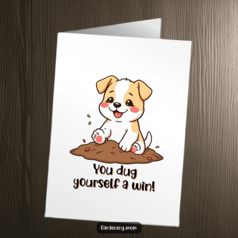 Funny Free Printable Congratulations Card: A happy dog shakes dirt from its paws with a contented wag.