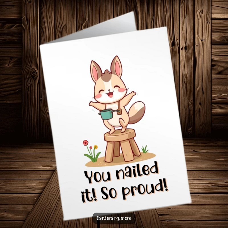 Funny Free Printable Congratulations Card: An excited animal gardener joyfully bounces on a garden stool, celebrating success with pure glee.