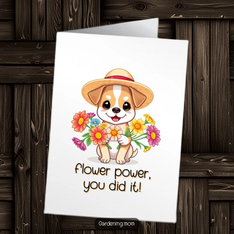 Funny free printable congratulations card of a dog in a sun hat holding bright flowers, symbolizing joy and celebration.