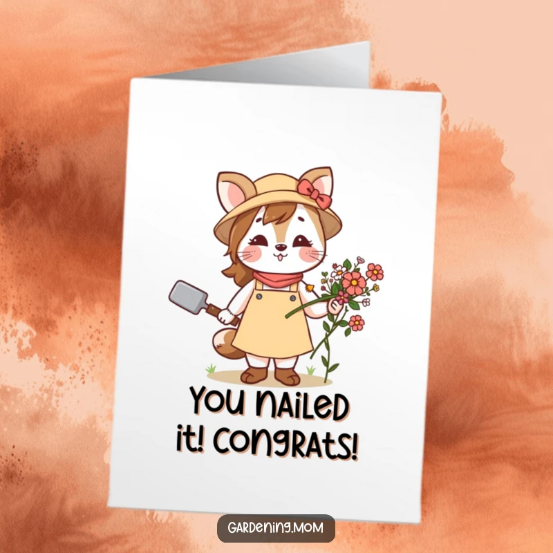 Funny free printable congratulations card: Mom animal character holding a trowel and a bouquet of flowers, celebrating.