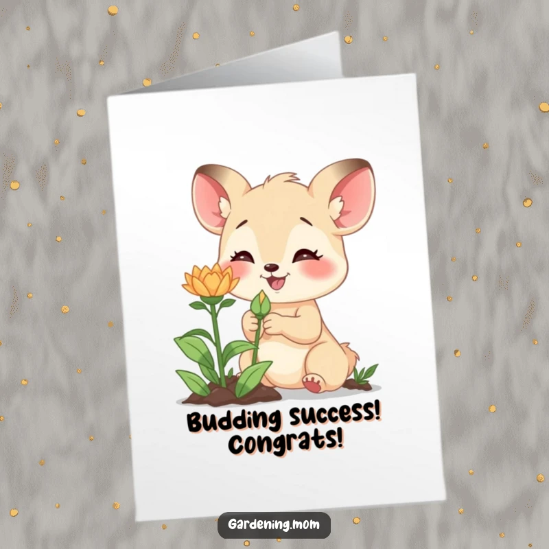 Funny free printable congratulations card: Mom animal character excitedly looking at a newly formed bud on a plant.