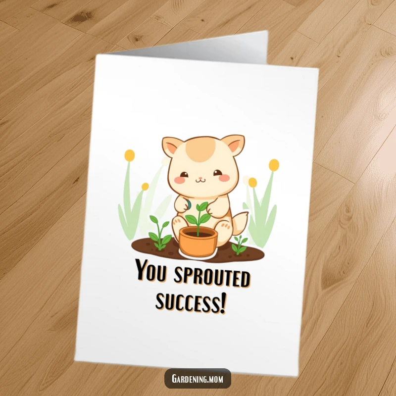 Funny Free Printable Congratulations Card depicting a kawaii gardening animal character tenderly watering a sprout, celebrating blooming success.