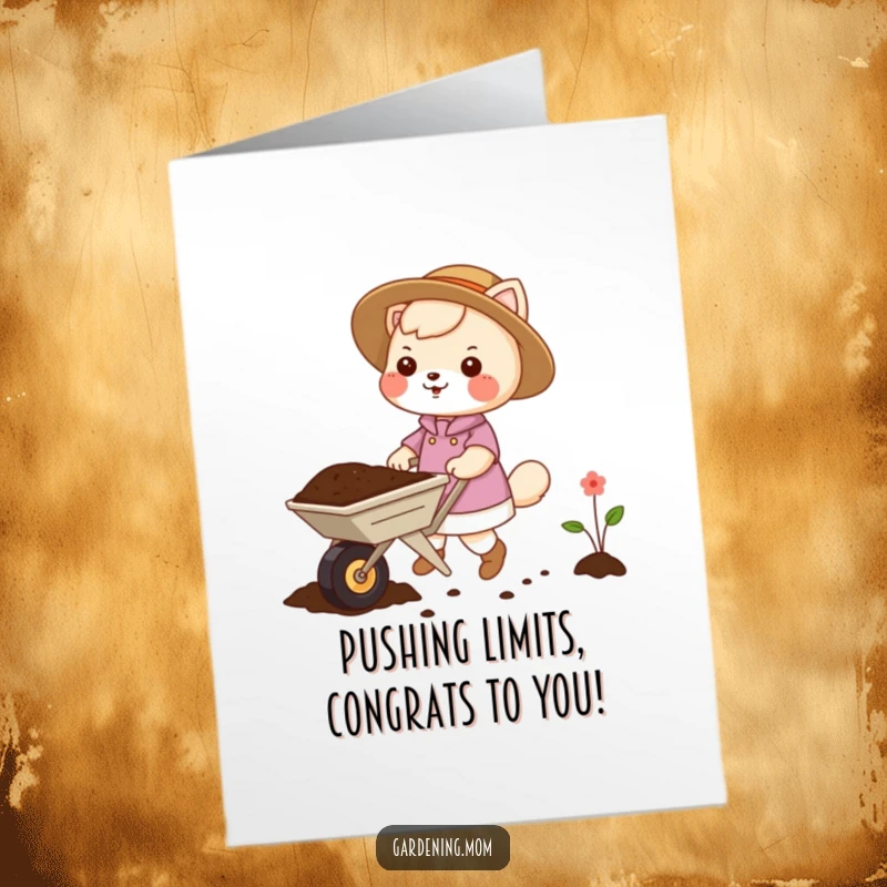 Funny Free Printable Congratulations Card: Gardening mom animal pushing a wheelbarrow full of soil, celebrating achievements, perfect DIY gift.