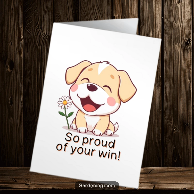 Funny Free Printable Congratulations Card: A delighted mama dog adores a freshly bloomed daisy, celebrating your amazing achievement.
