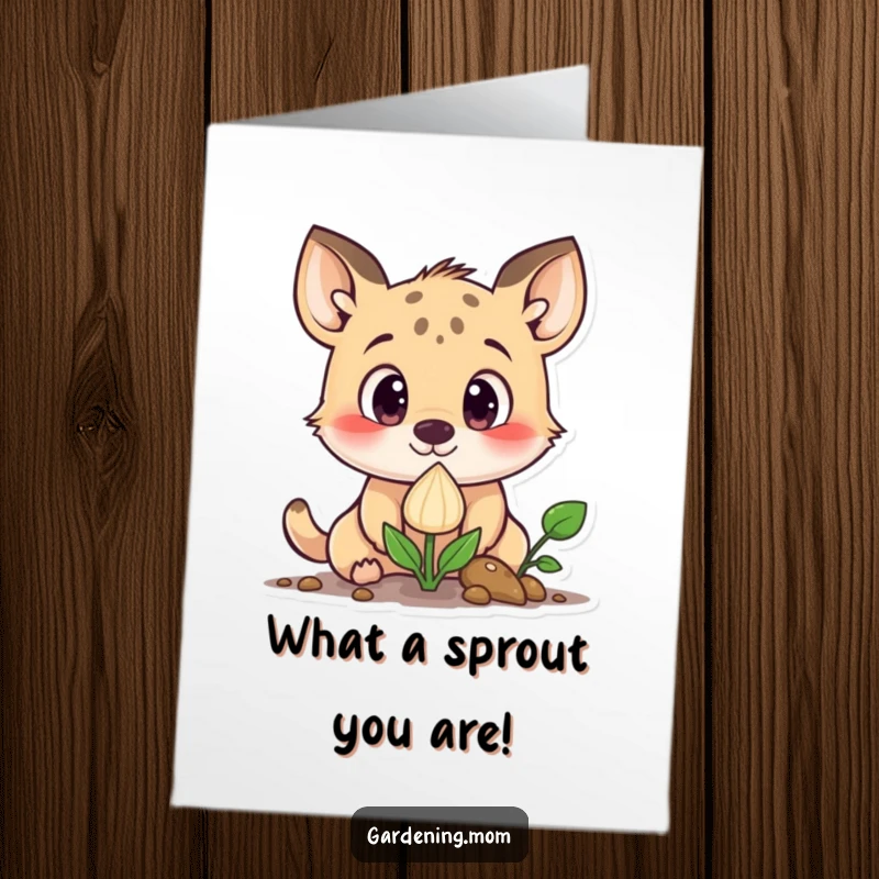 Funny Free Printable Congratulations Card showing a curious animal character observing a sprouting seed with wide eyes.