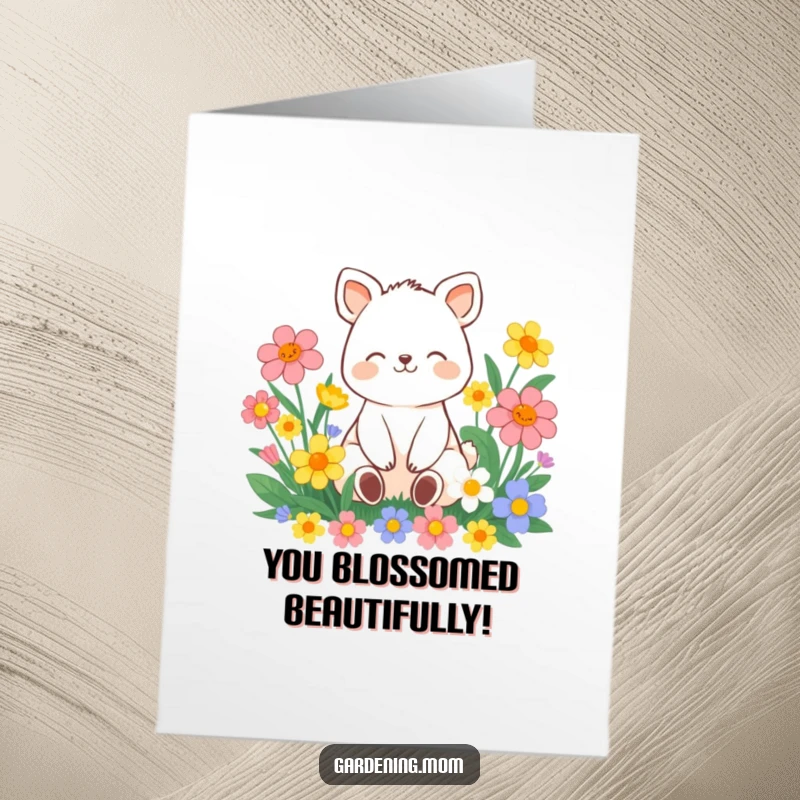 Funny Free Printable Congratulations Card showing a contented animal character smiling peacefully amidst vibrant flowers.