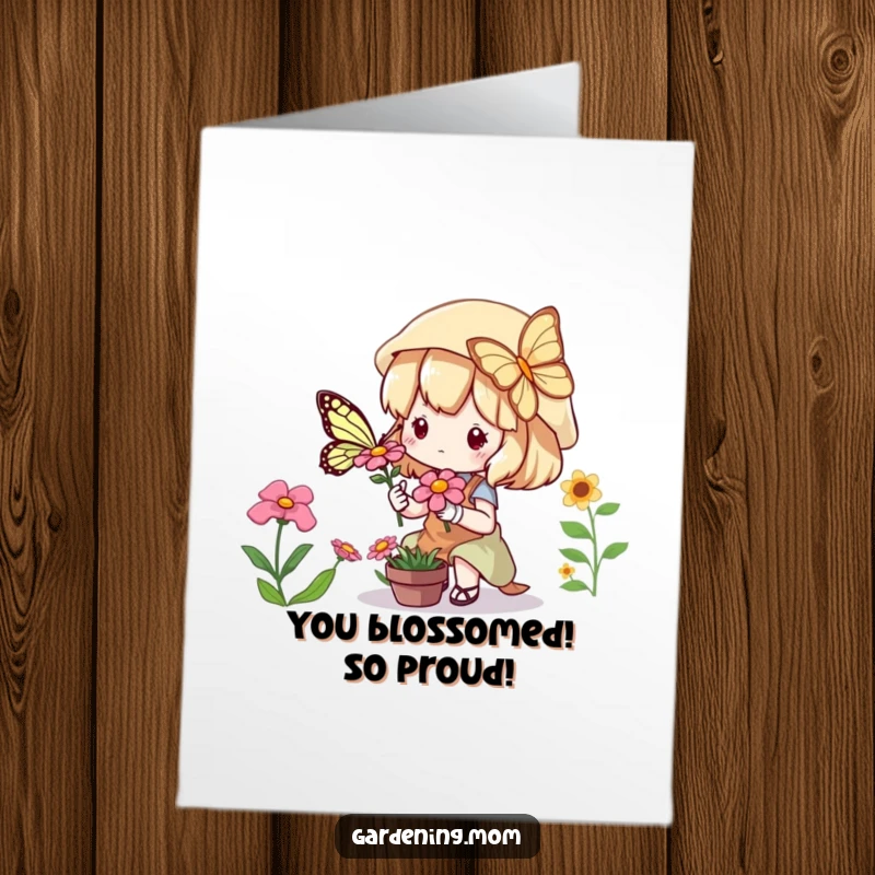 Funny Free Printable Congrats Card: Joyful Kawaii gardener celebrates a butterfly landing on a flower, symbolizing new beginnings and success.