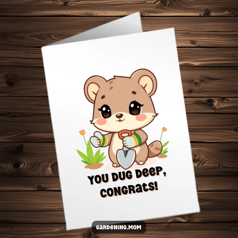 Funny Free Printable Congratulations Card: Animal Character Wearing Gardening Gloves, Holding a Small Shovel, Ready to Cultivate