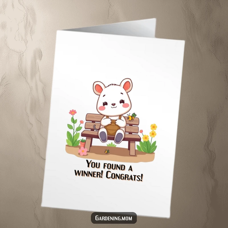 Funny Free Printable Congratulations Card showing a cheerful gardening animal admiring a bug while sitting on a garden bench.