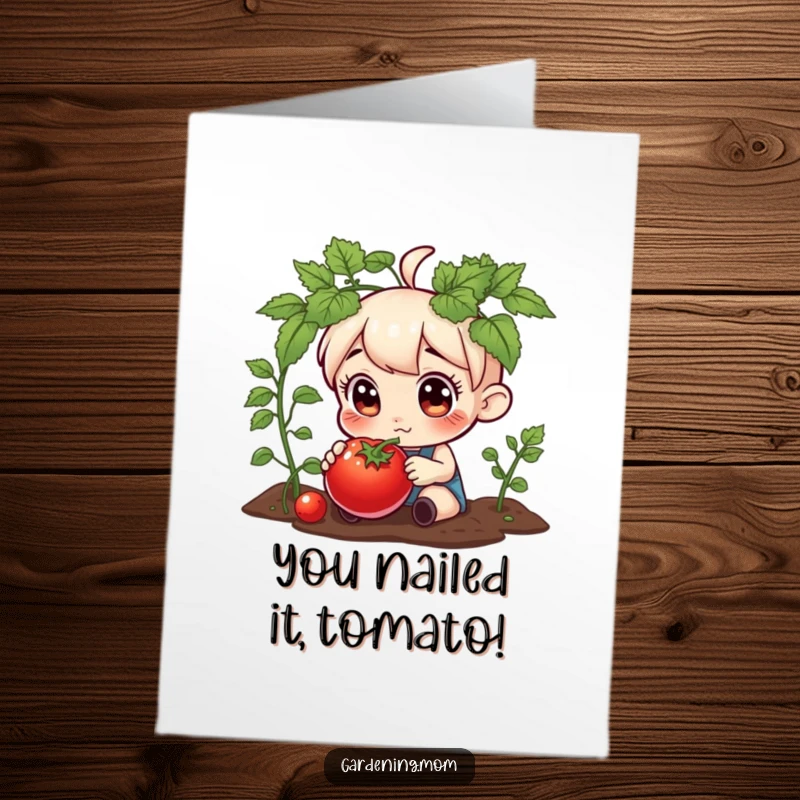 Funny Free Printable Congrats Card: Gardener gazes with curiosity at a perfectly plump, juicy tomato.