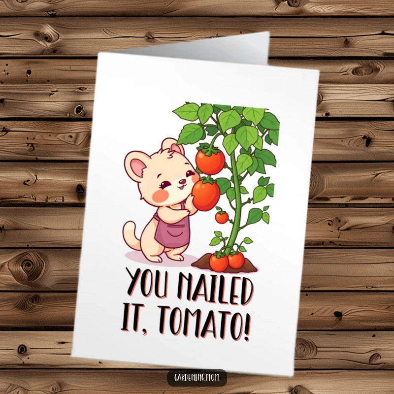 Funny Free Printable Congratulations Card: Gardening mom animal reaching for ripe tomato, celebrating success, perfect DIY gift.