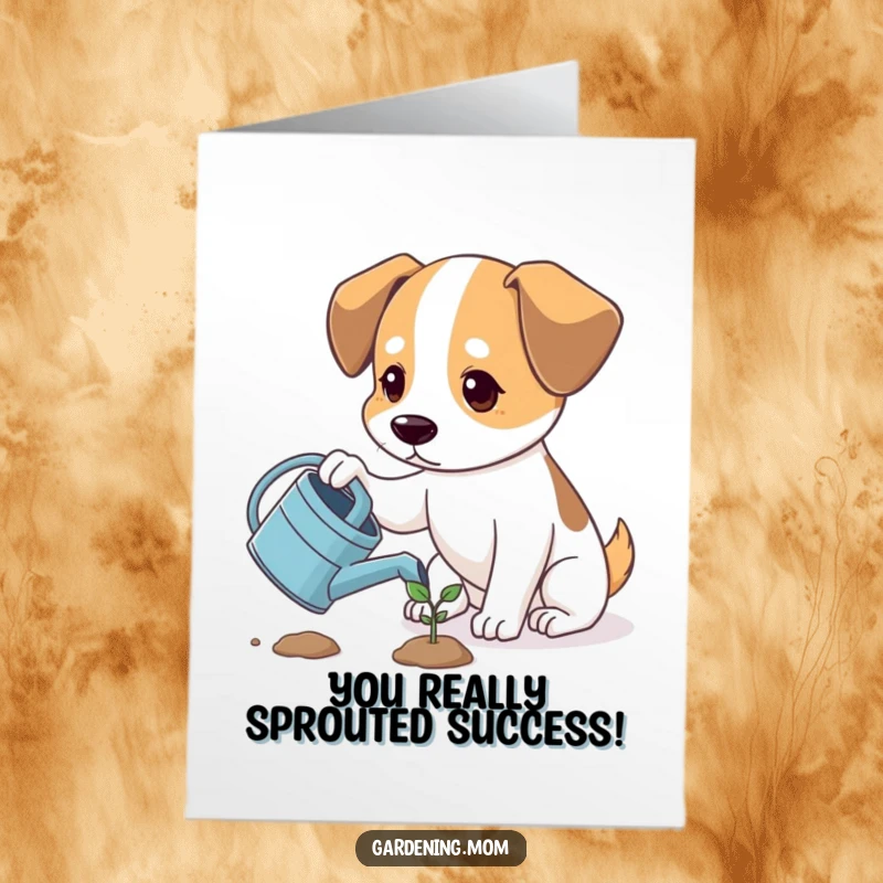 Funny free printable congratulations card of a dog watering a tiny sprout, expressing hope and growth for new achievements.