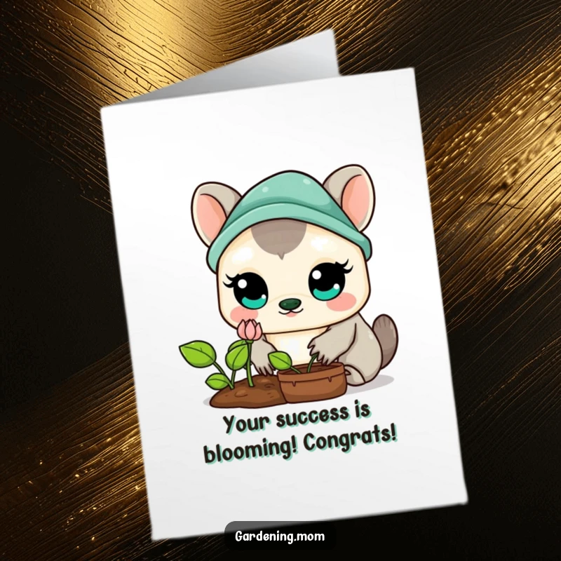 Funny Free Printable Congrats Card: Wide-eyed Kawaii gardener amazed by a blooming sprout, celebrating growth.