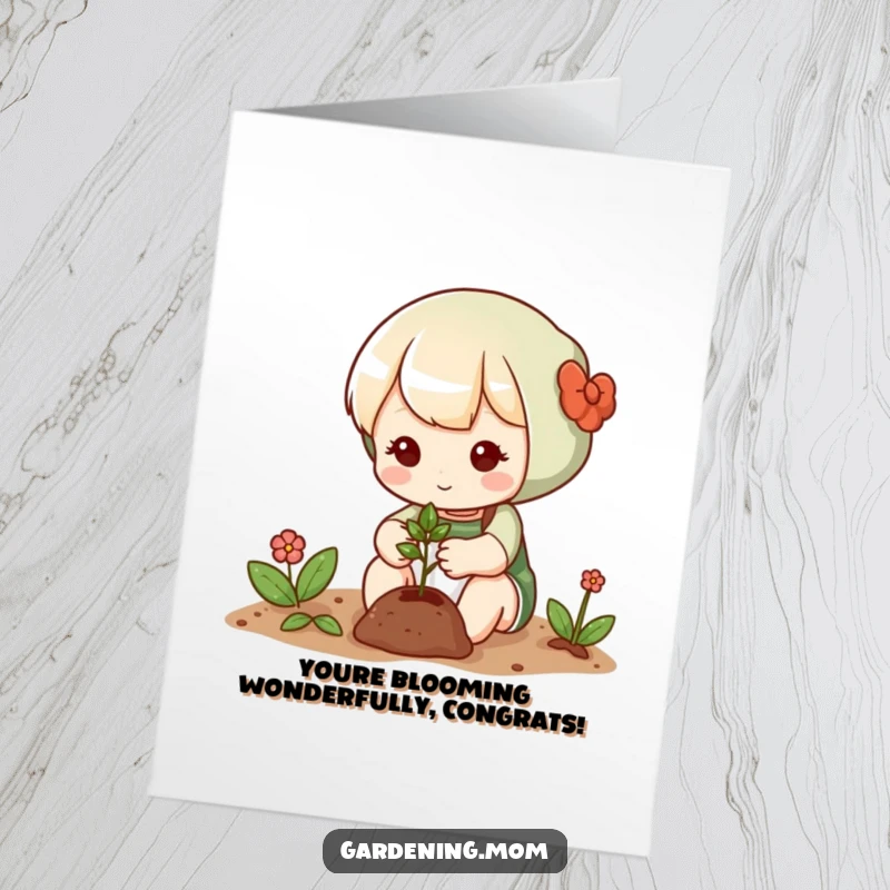 Funny Free Printable Congrats Card: Cute gardener gently plants a tiny seedling, symbolizing new beginnings and success.