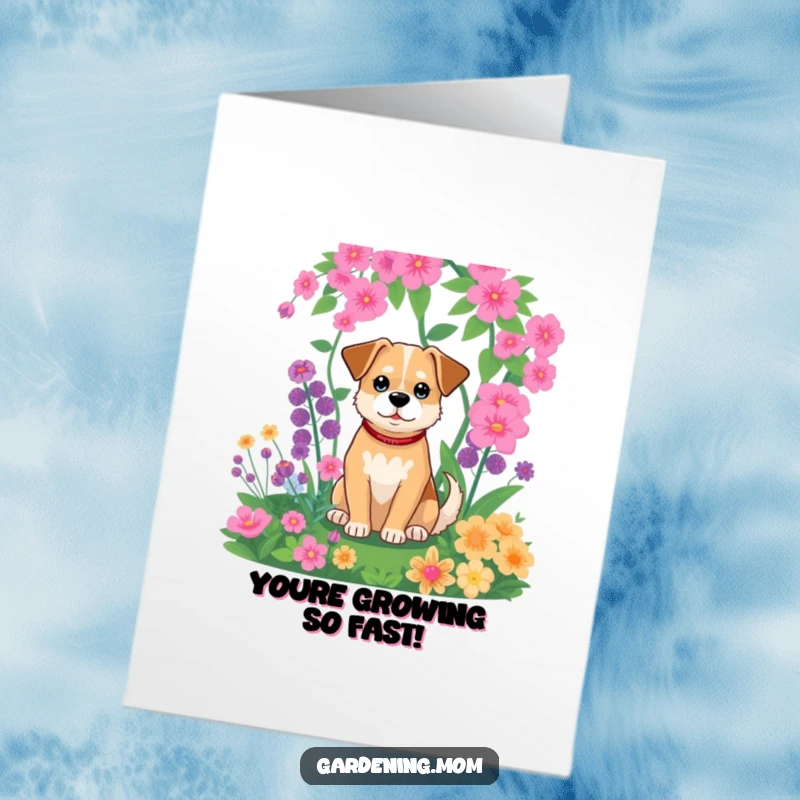 Funny Free Printable Congratulations Card: A peaceful dog relaxes surrounded by the beauty of a vibrant garden.