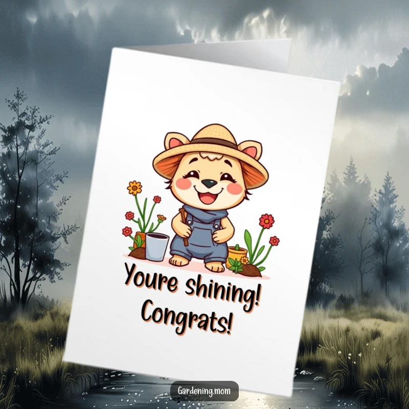Funny free printable congratulations card: Mom animal character with a wide smile wearing a straw hat, looking delighted.