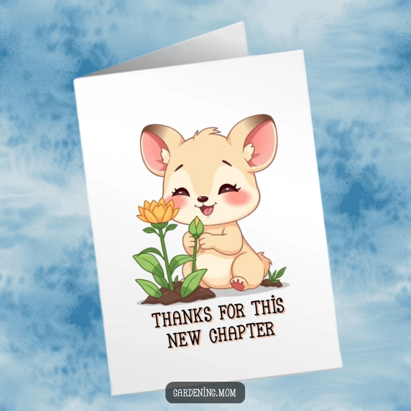 Funny free printable thank you card: Mom animal character excitedly examining a new bud, symbolizing growth and thanks.