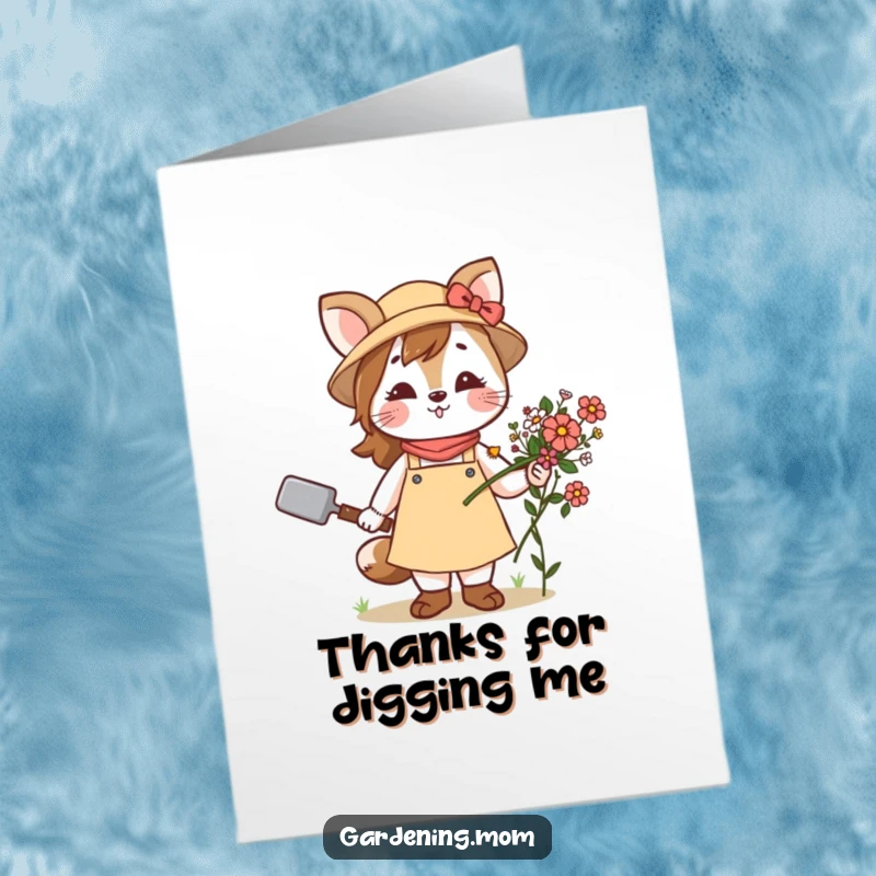 Funny free printable thank you card: Mom animal character holding a trowel and a bundle of flowers, expressing thanks.
