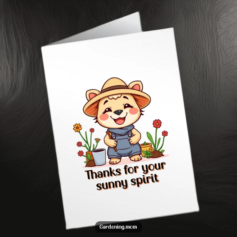 Funny free printable thank you card: Mom animal character in a straw hat, smiling broadly with thanks.