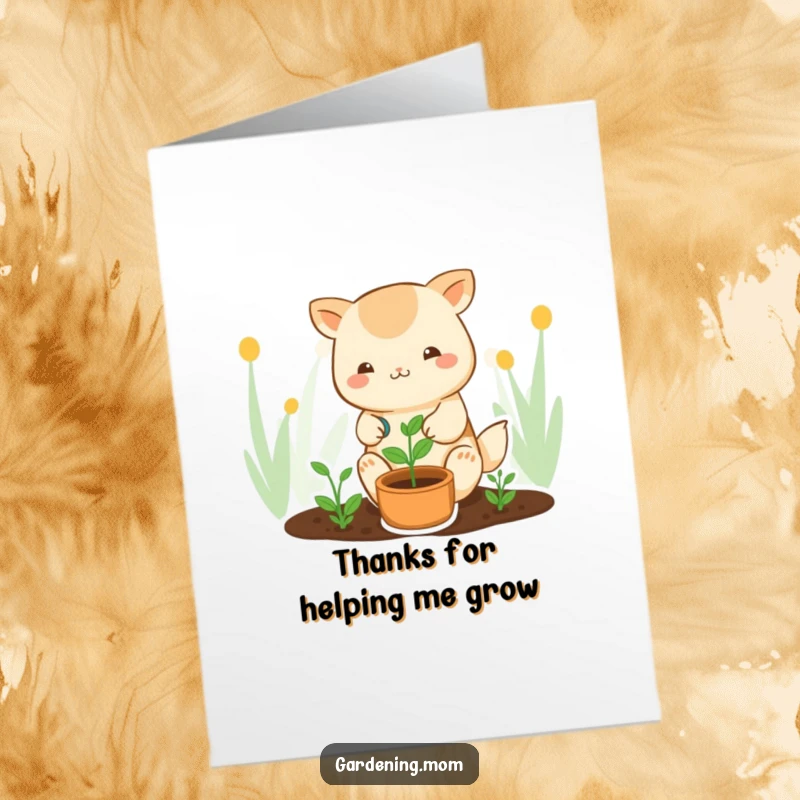 Funny Free Printable Thank You Card featuring a kawaii gardening animal character tenderly watering a sprout, showing gratitude and care.