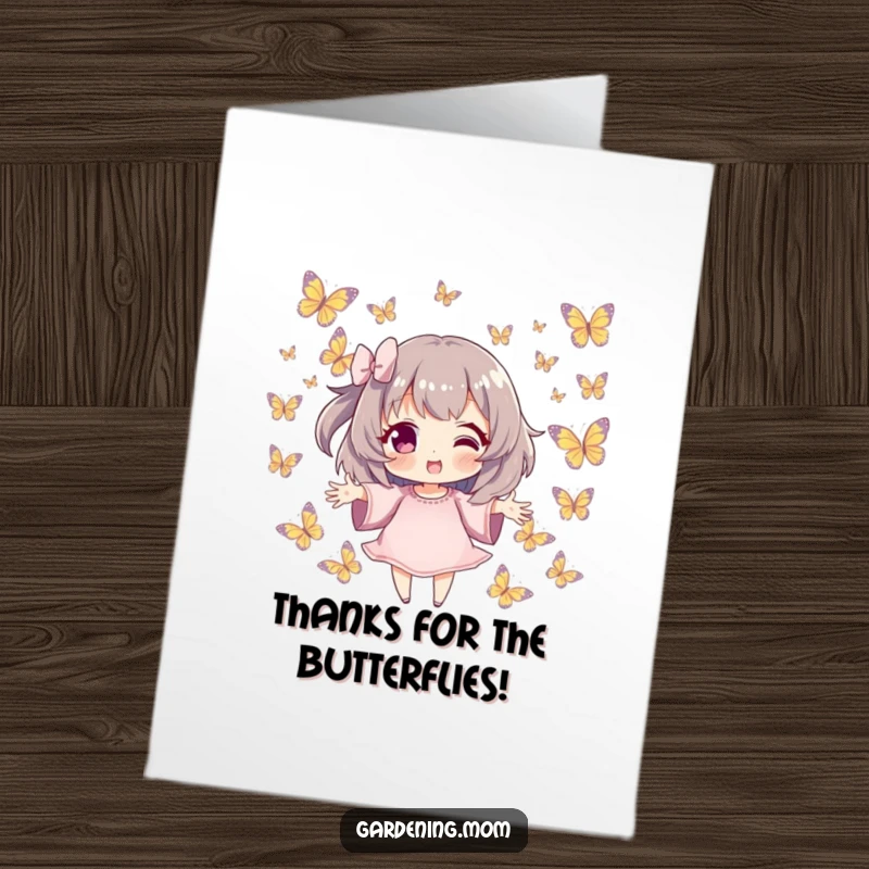 Funny Free Printable Thank You Card: Character with outstretched hands receiving fluttering butterflies, expressing thanks gracefully, a downloadable gift.