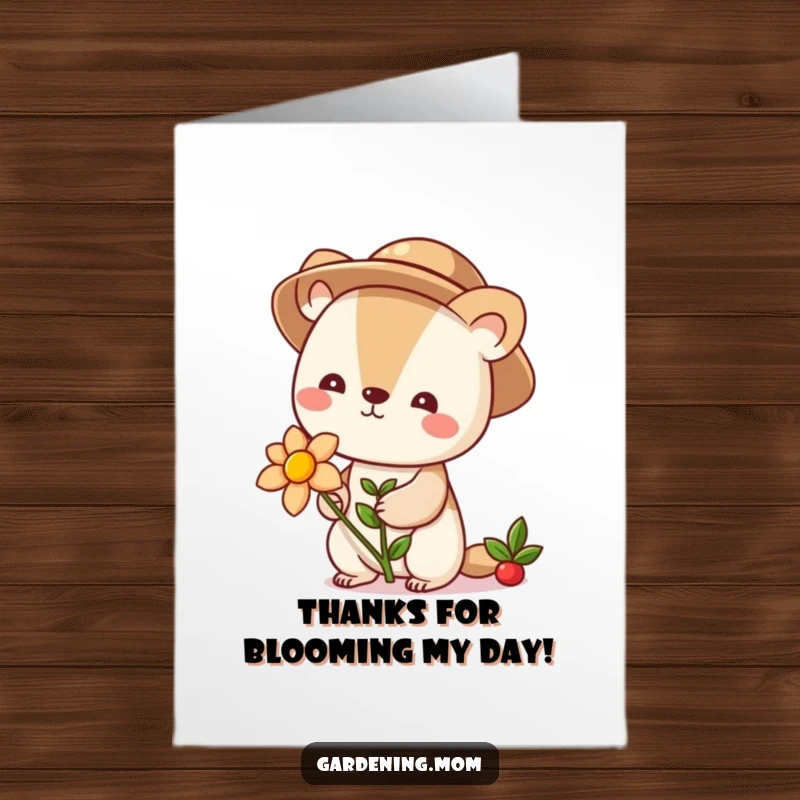 Funny Free Printable Thank You Card showcasing a cute animal gardener with a freshly bloomed flower.