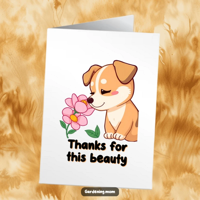 Funny free printable thank you card showing a dog's pure delight at a blooming flower, a sweet expression of gratitude.