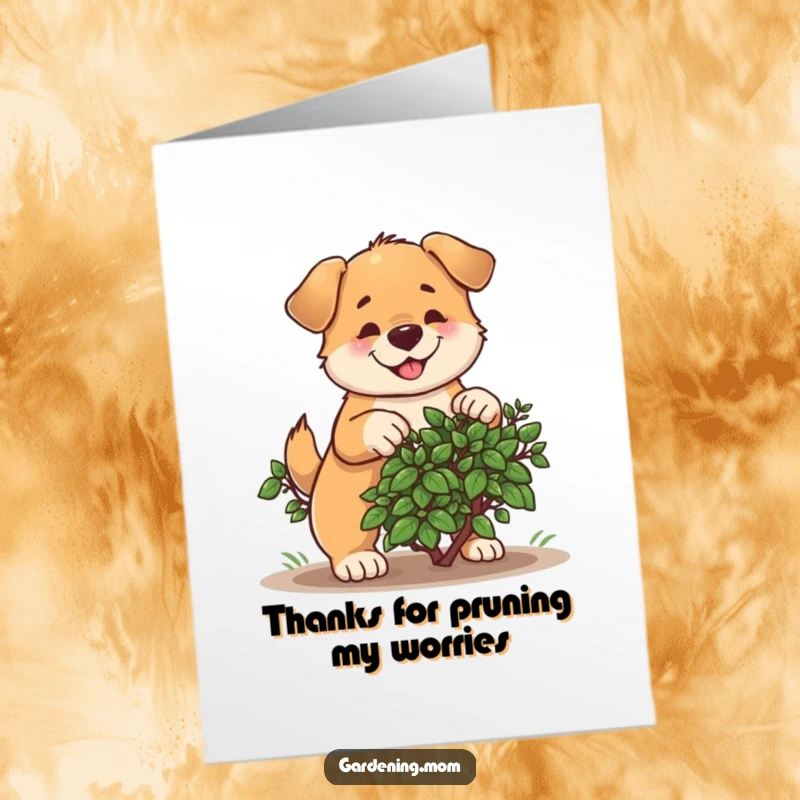 Funny Free Printable Thank You Card: A dog joyfully prunes a bush, expressing heartfelt gratitude.