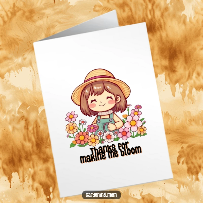 Funny Free Printable Thank You Card: A smiling gardener in a straw hat stands amidst colorful blooming flowers.