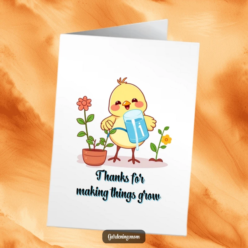 Funny Free Printable Thank You Card: A cheerful bird proudly waters plants with a beak-full of water, saying thank you for something.