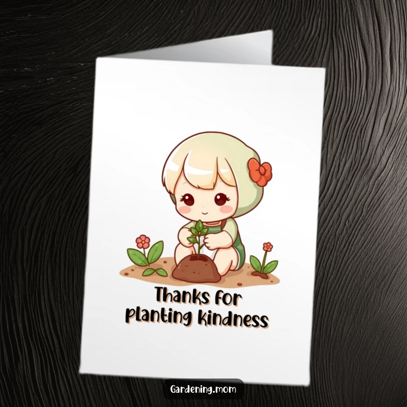 Funny Free Printable Thank You Card: Cute gardener plants a tiny seed, showing gratitude for growth and support.