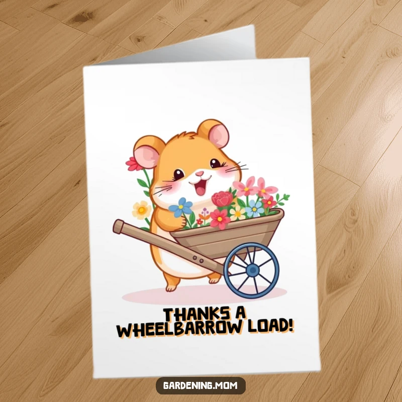 Funny Free Printable Thank You Card: A happy hamster offers a wheelbarrow of colorful flowers as a thank you gesture, full of gratitude.