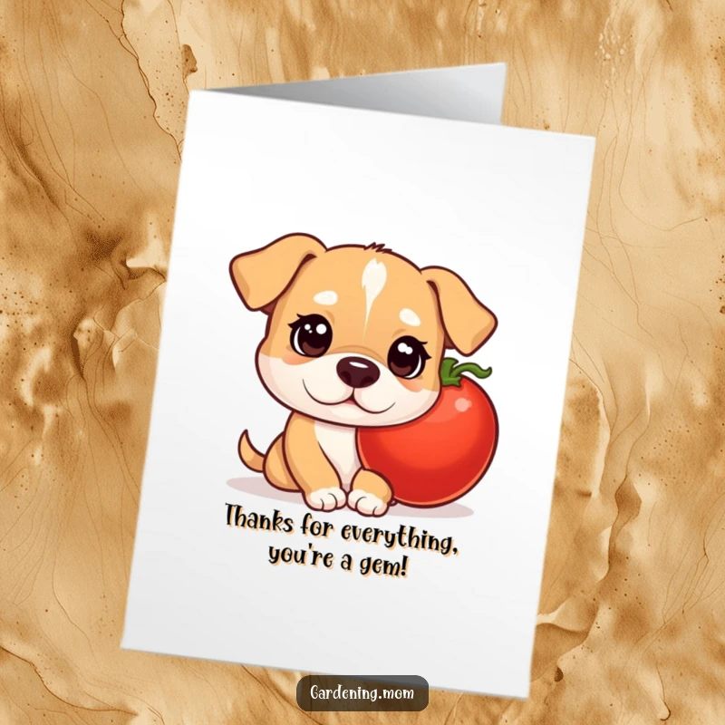 Funny Free Printable Thank You Card: Mama dog with wide, curious eyes peeking from behind a plump tomato.