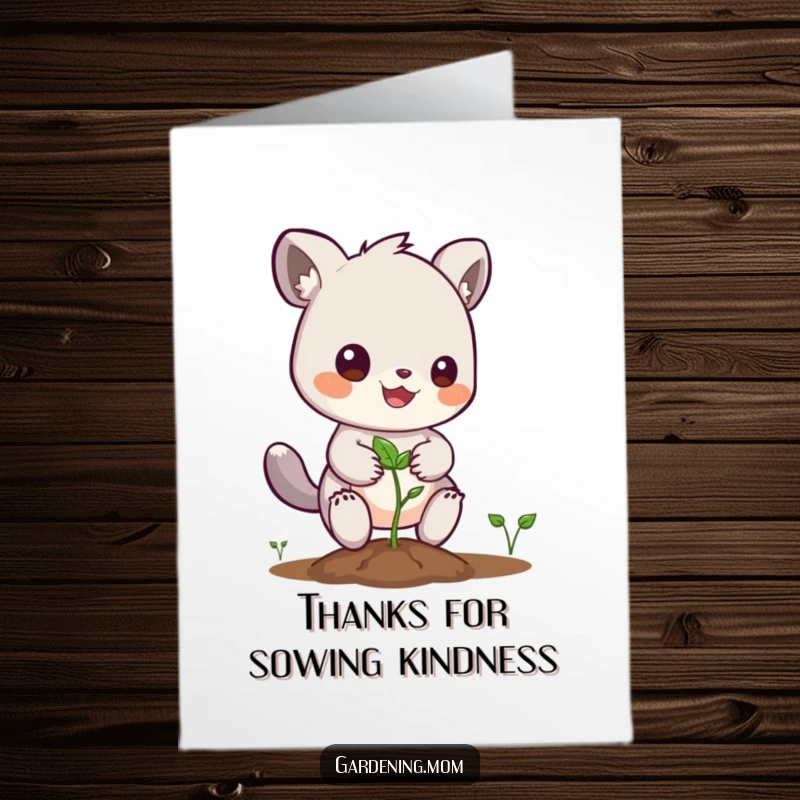 Funny free printable thank you card of an animal character enthusiastically planting a seed, representing growth and gratitude.