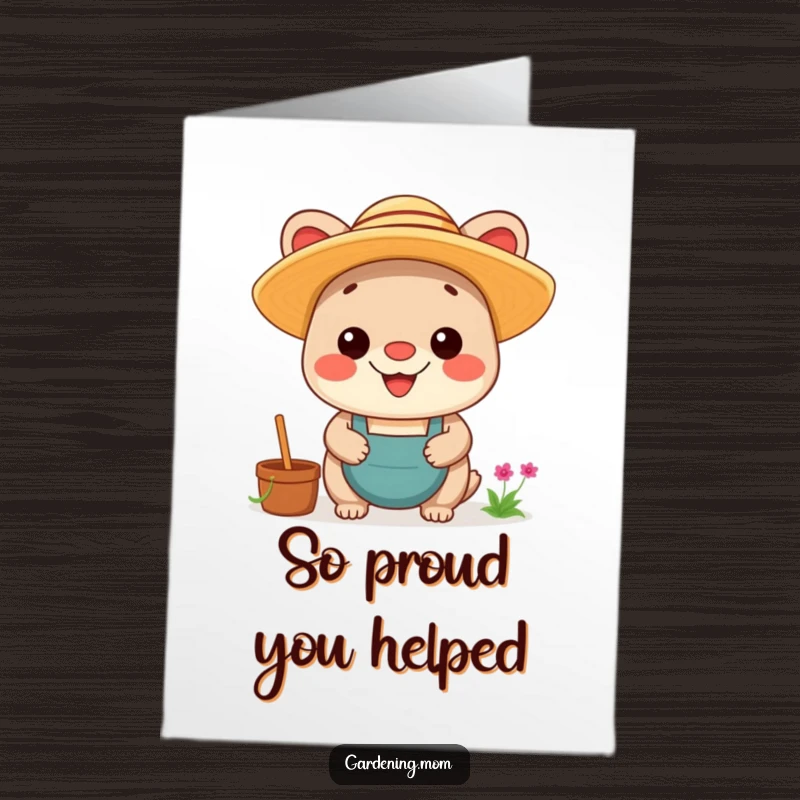 Funny Free Printable Thank You Card: Kawaii animal in a straw hat, grinning proudly, expressing thanks.