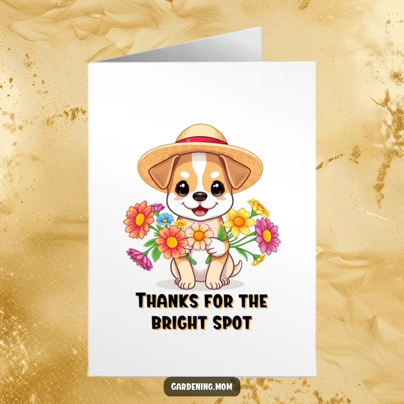 Funny free printable thank you card featuring a dog in a sun hat with colorful flowers, a joyous expression of thanks.