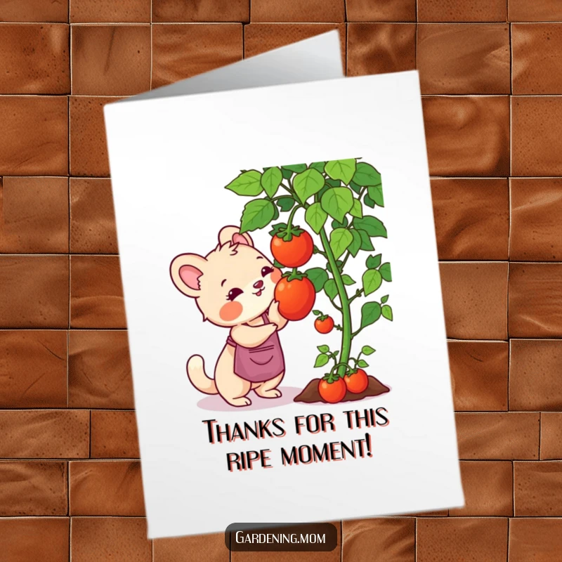 Funny Free Printable Thank You Card: Gardening mom animal reaching for ripe tomato, expressing thanks, perfect DIY gift.