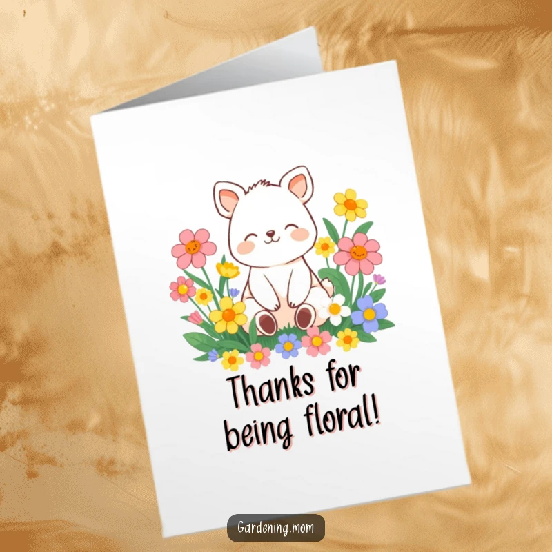 Funny Free Printable Thank You Card with a contented animal character sitting peacefully among vibrant flowers, smiling.
