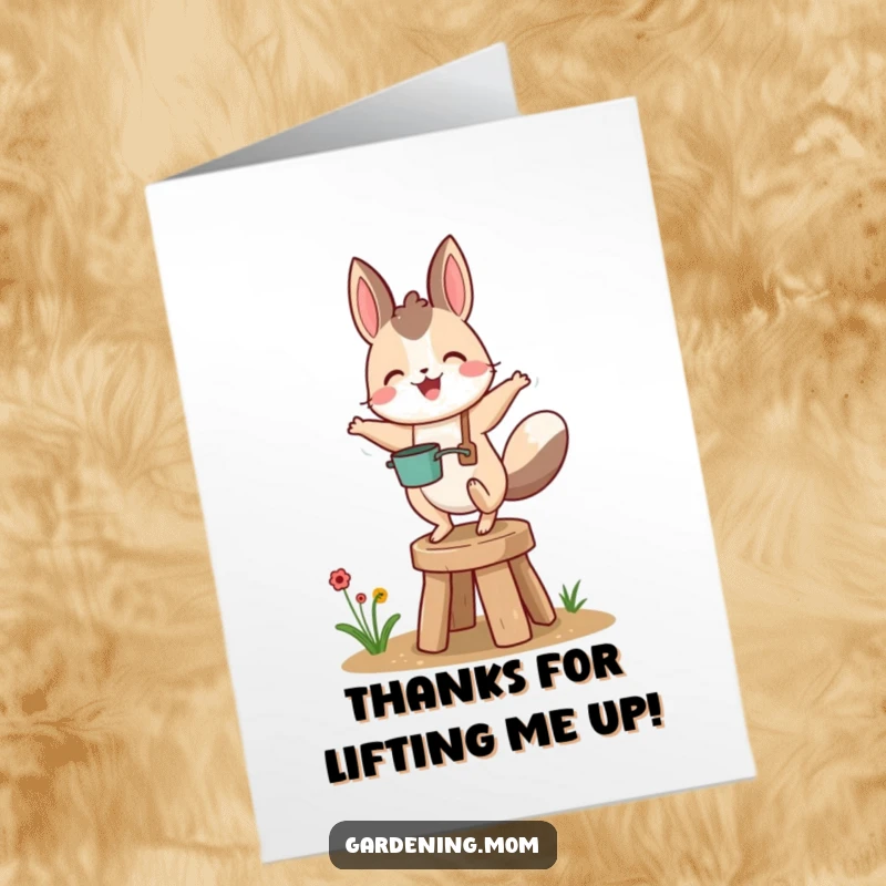 Funny Free Printable Thank You Card: A gleeful animal gardener is bouncing high on a small garden stool, expressing thanks with energy.