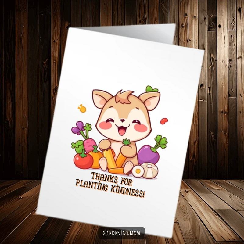Funny Free Printable Thank You Card: Giggling Animal Character Picking Fresh, Colorful Vegetables with Great Joy
