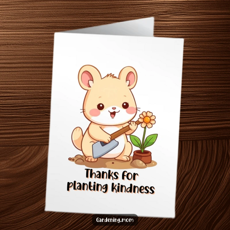 Funny Free Printable Thank You Card: Kawaii animal gardener planting a thanks-filled flower, expressing gratitude.