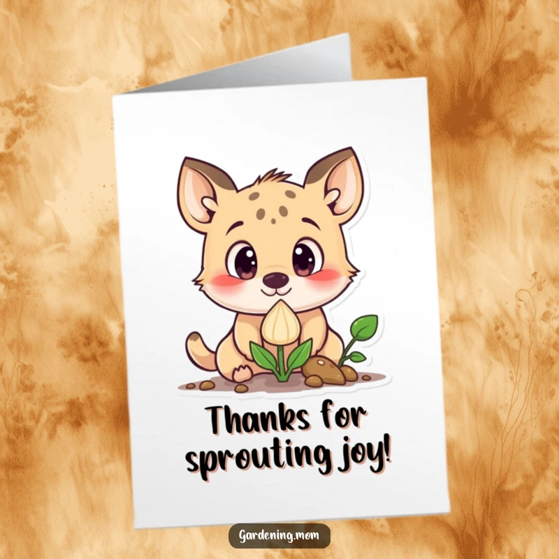 Funny Free Printable Thank You Card with a curious animal character wide-eyed at a sprouting seed.