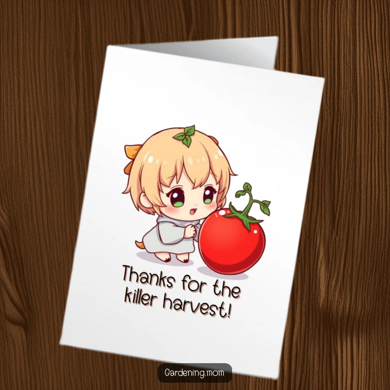 Funny Free Printable Thank You Card: A character beams at a plump tomato, conveying heartfelt thanks with a humorous touch.