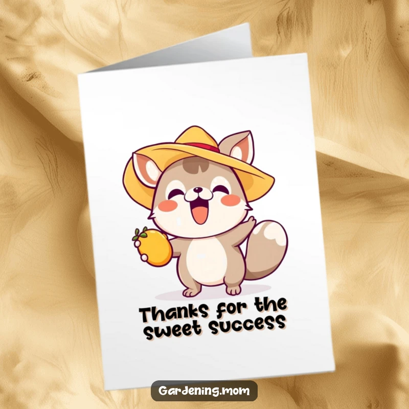 Funny Free Printable Thank You Card: Happy animal wearing a sun hat, reaching for a delicious fruit, expressing thanks.