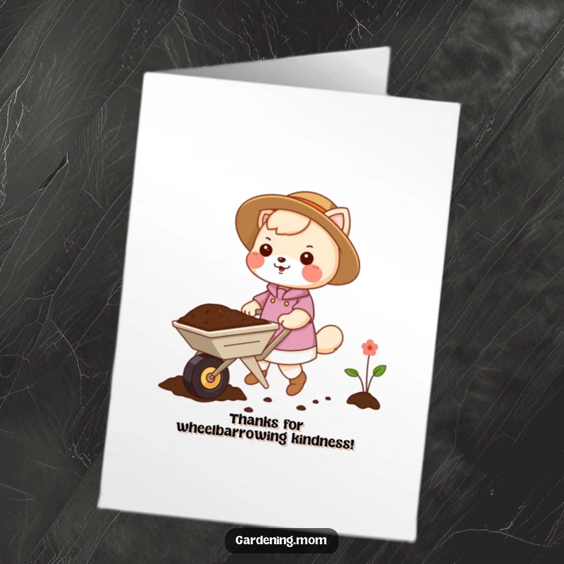 Funny Free Printable Thank You Card: Gardening mom animal pushing a wheelbarrow with soil, expressing thanks, perfect DIY gift.