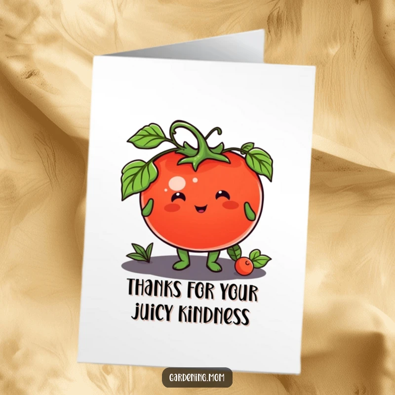Funny free printable thank you card where a smiling animal character offers a big, juicy tomato, expressing sincere thanks.