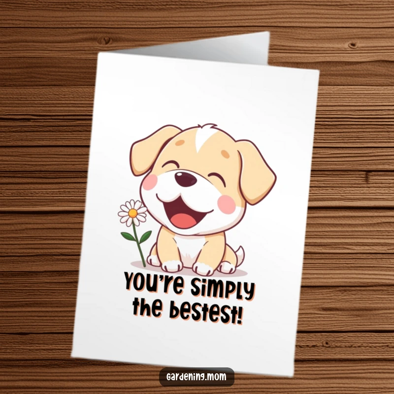 Funny Free Printable Thank You Card: Mama dog with a delighted gaze, admiring a single, perfect blooming daisy.