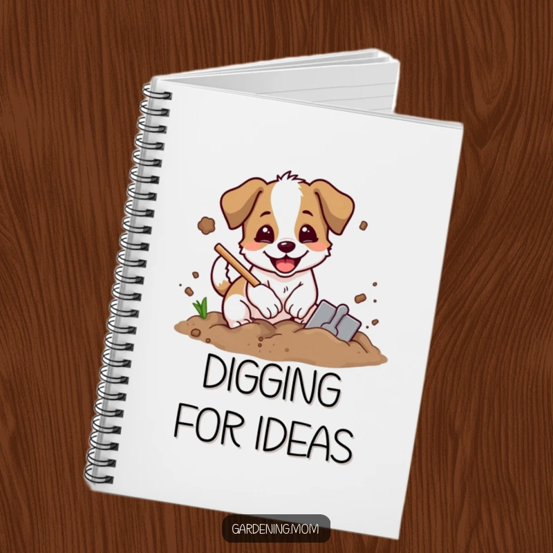 Funny digging dog notebook with an excited dog and shovel, digging in soil with dirt flying, perfect for notes.