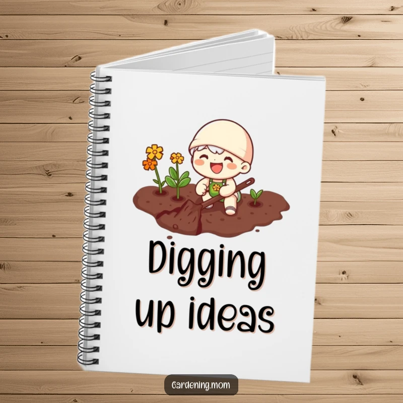Funny notebook cover featuring a joyful gardening character happily digging in rich soil, inspiring creativity and organization.