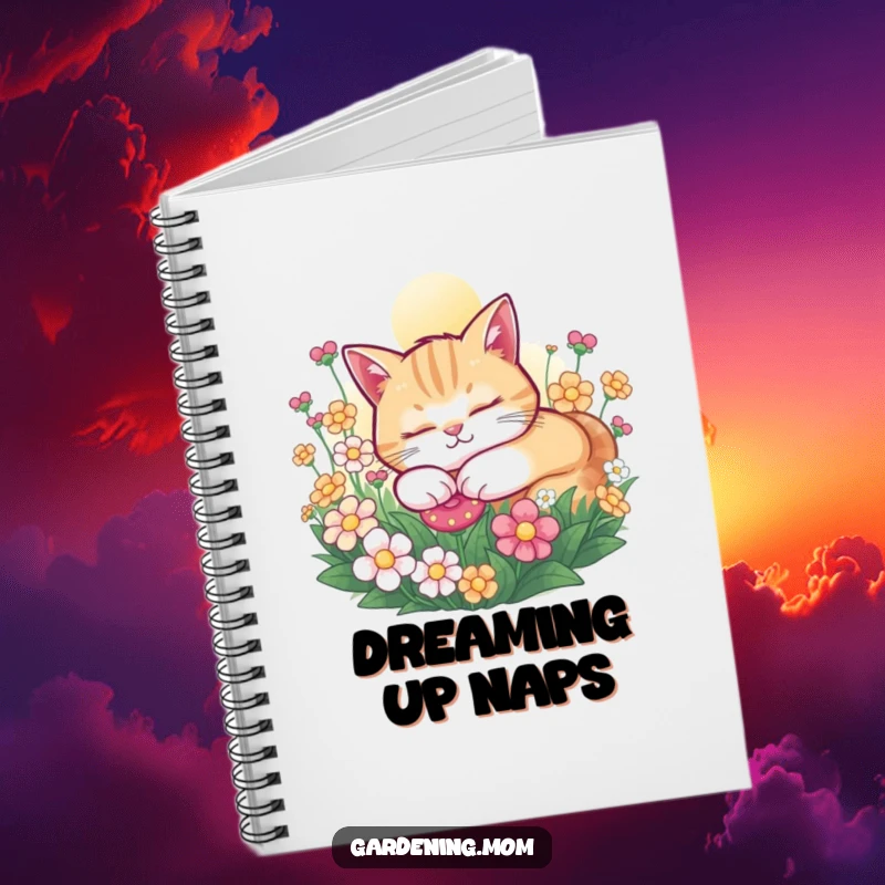 Funny Cat notebook with a cover showing a contented cat snoozing peacefully in a sunny flower bed, ideal for journaling calm thoughts.